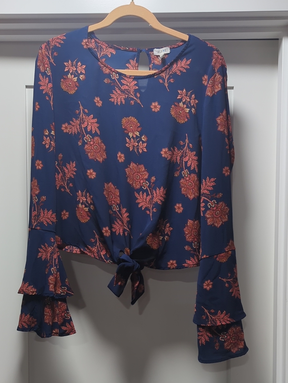 Self Esteem Navy Floral Tie-Front Blouse with Rust Print